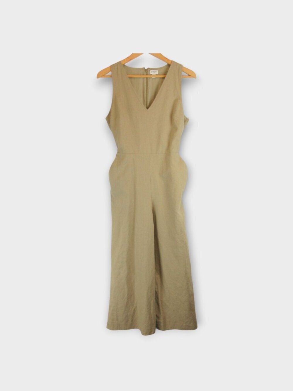 J. Crew Linen Jumpsuit V-Neck Tie Waist Wide Leg Tan Size 6